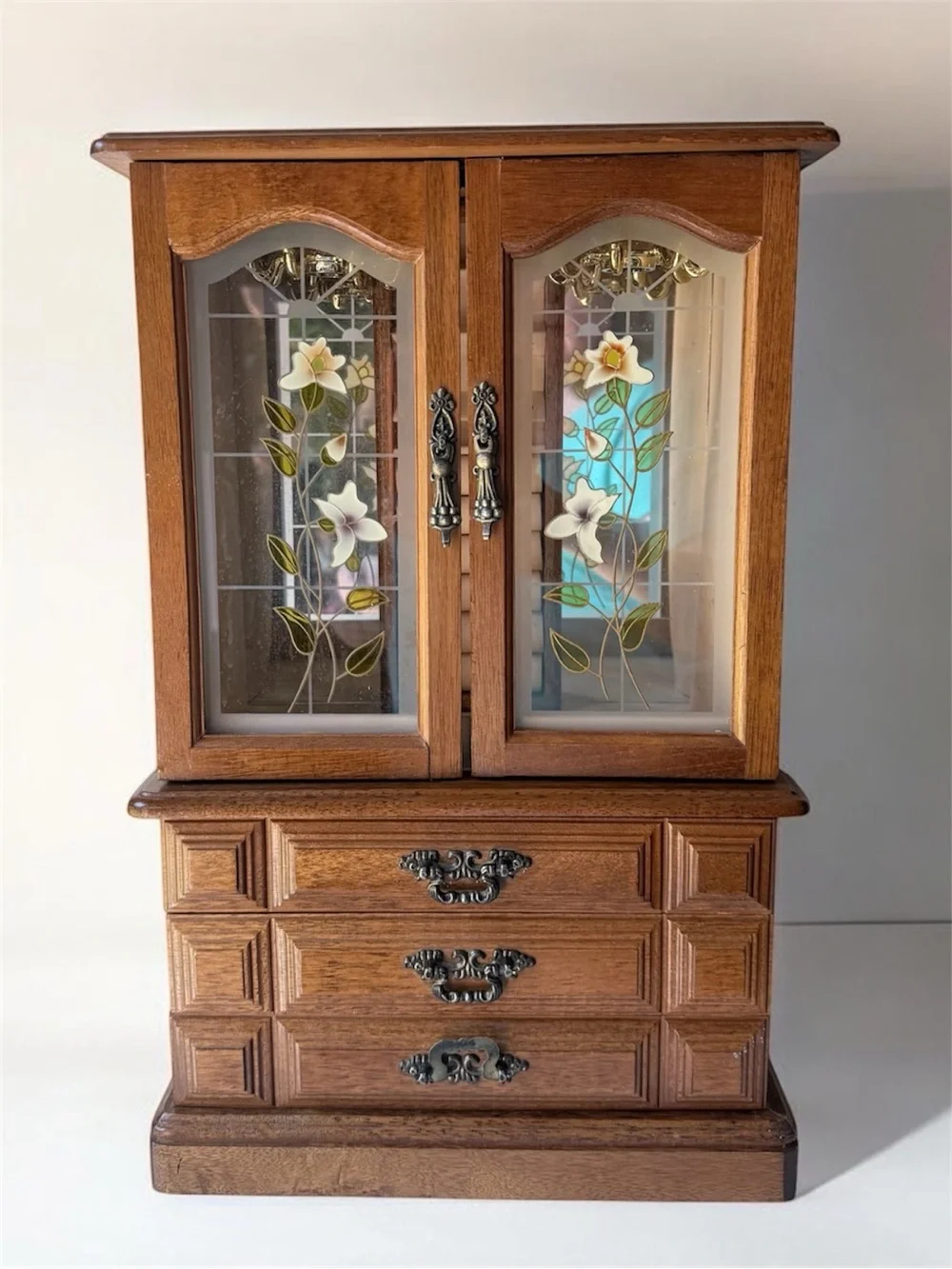 Vintage Wooden Jewelry Armoire with Floral Glass Doors